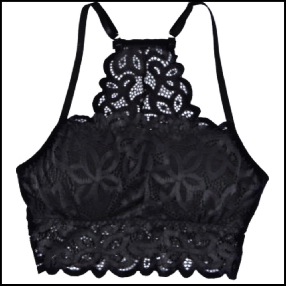BLACK LACE FLORAL CROCHET SPAGHETTI-STRAP BRALETTE Sz MEDIUM - Picture 5 of 13
